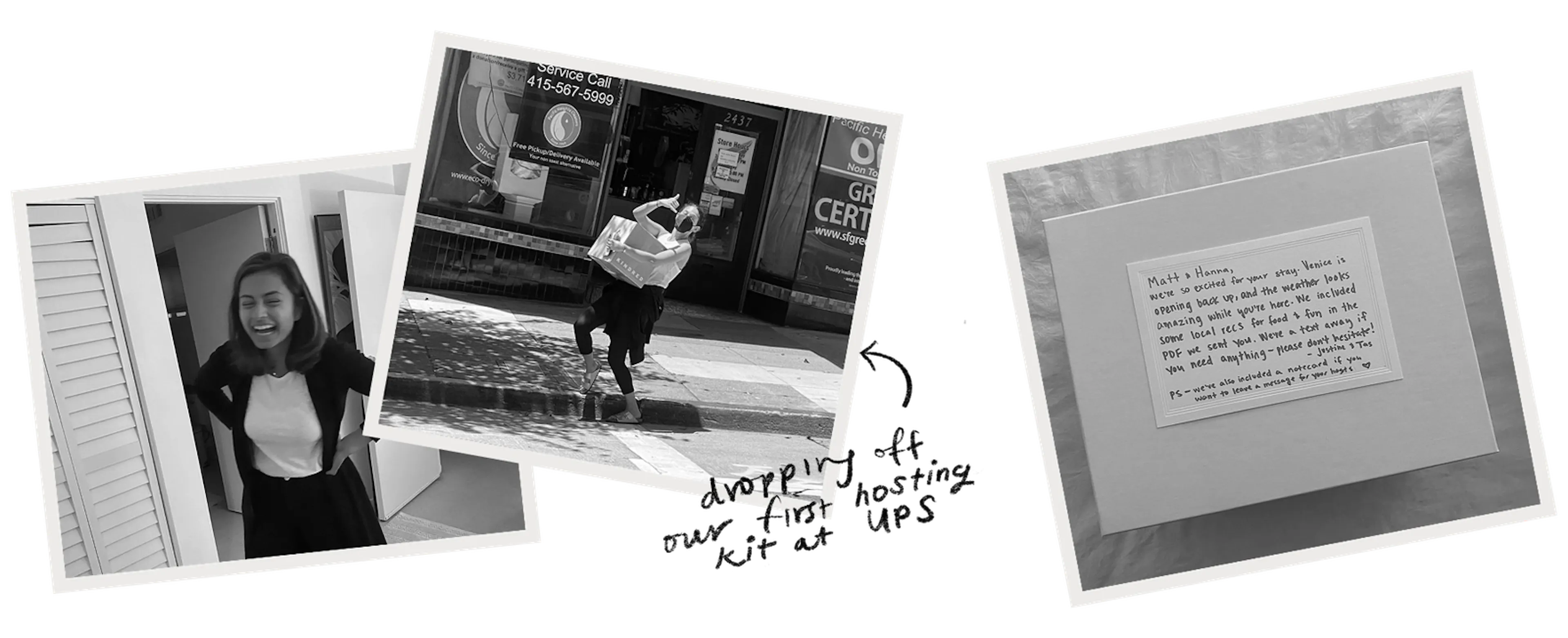 A collage from Kindred’s early days: a founder mid-laugh, a teammate running a welcome kit across a San Francisco street, and a handwritten note left for arriving guests