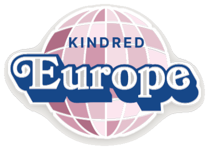 Retro Kindred Europe sticker with a pink wireframe globe.