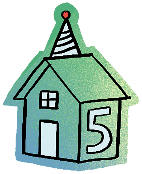 Hand-drawn green house wearing a party hat with a big 5 on the side.