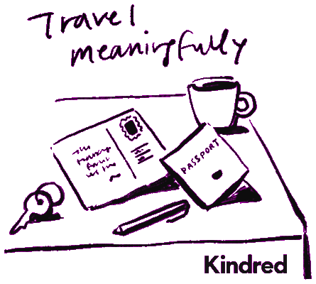 Line drawing of a desk with a passport, coffee, and keys, captioned Travel meaningfully, Kindred.